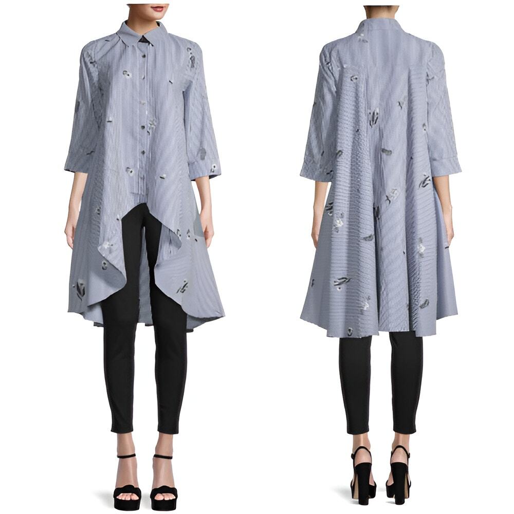 Patrizia Luca Women Striped Embroidered Floral 3/4 Sleeve High Low Shirt Dress M